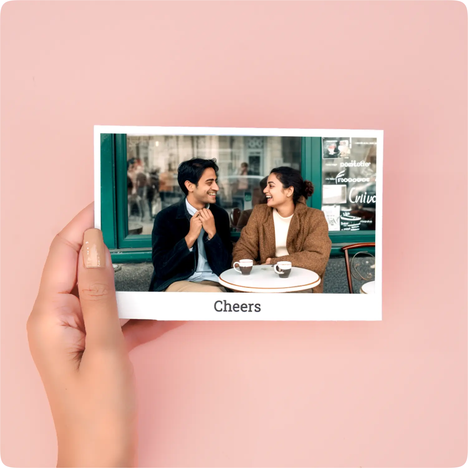 Color Kahar (colorkahar) retro prints — couple sitting in cafe with coffee Cheers text vintage style personalized Pakistan