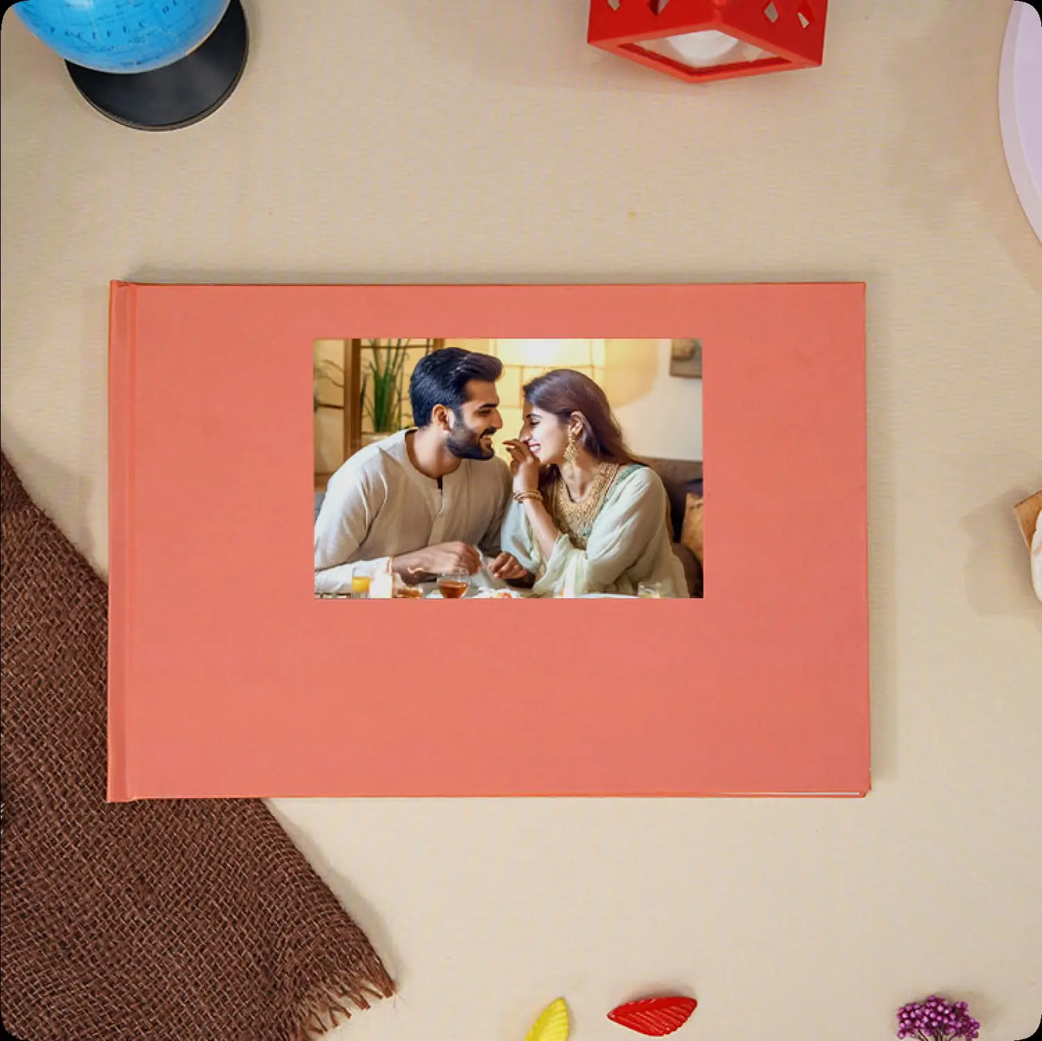 Color Kahar (colorkahar) landscape flexi photobook — coral printed cover window cut-out couple photo personalized Pakistan