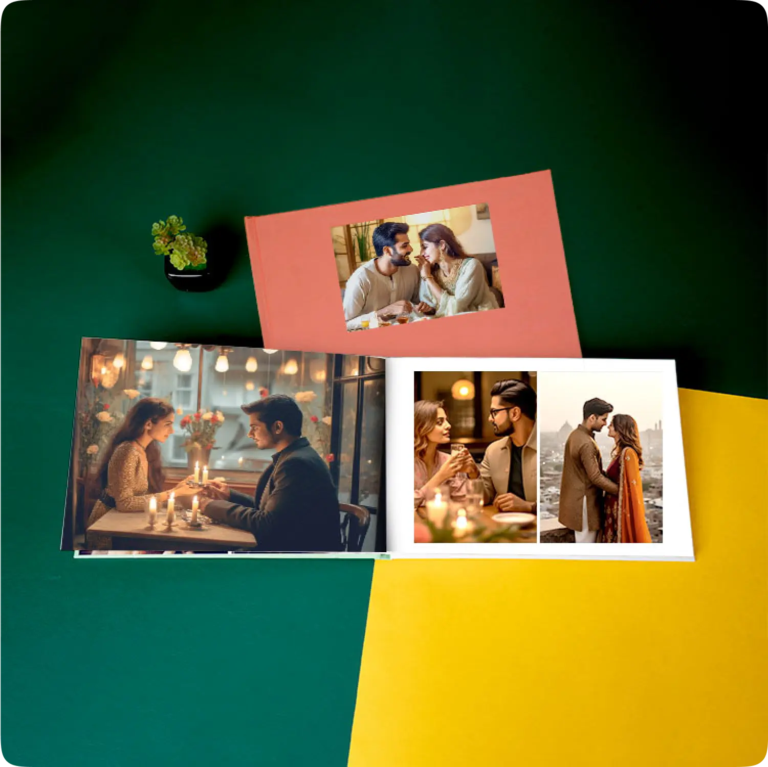 Color Kahar (colorkahar) landscape flexi photobooks — coral window cover and white pages couple photos colorful background personalized Pakistan