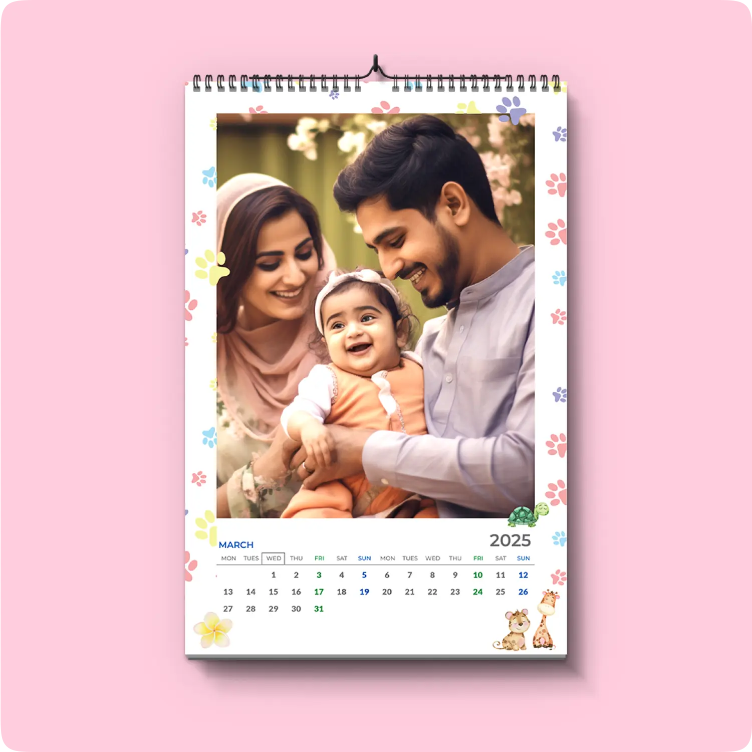 Color Kahar (colorkahar) portrait calendar 12x18 inch — couple in shalwar kameez playing with daughter personalized Pakistan