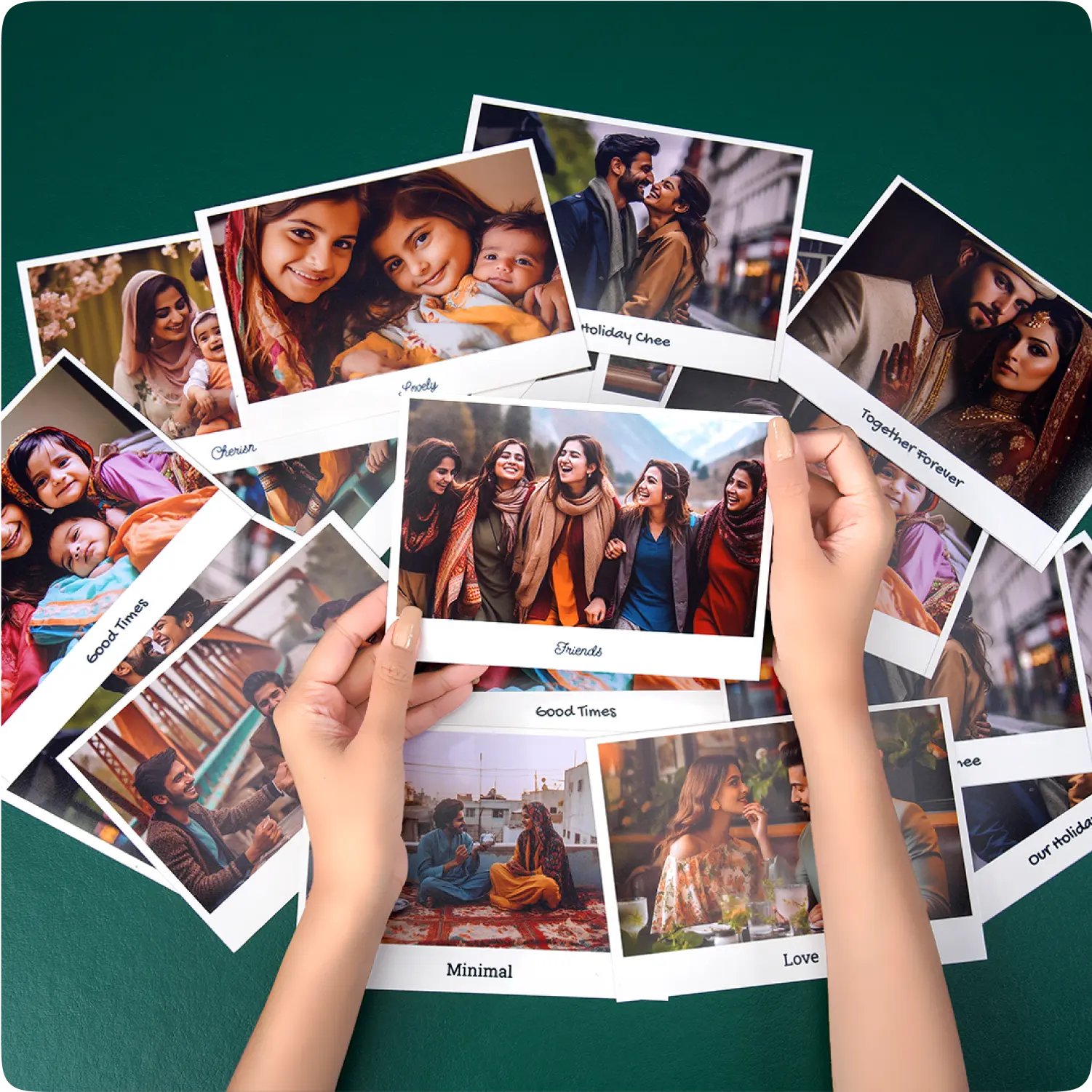 Color Kahar (colorkahar) retro prints — multiple prints on green table friends retro picked by two hands personalized Pakistan