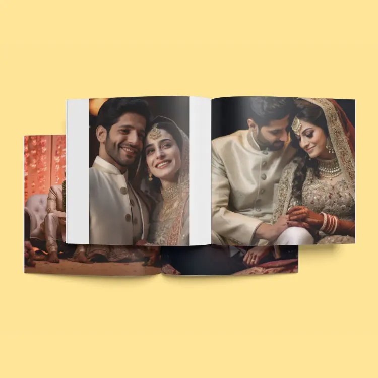Color Kahar (colorkahar) square flexi leather cover photobook — open spread wedding couple traditional dress photos personalized Pakistan