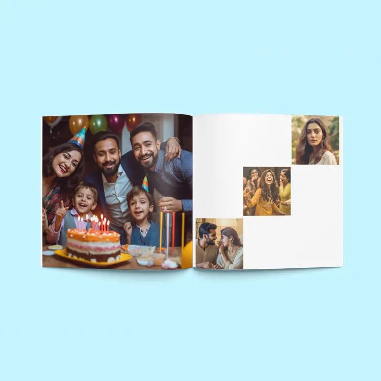 Color Kahar (colorkahar) square flexi leather cover photobook — open spread family birthday celebration cake photos personalized Pakistan