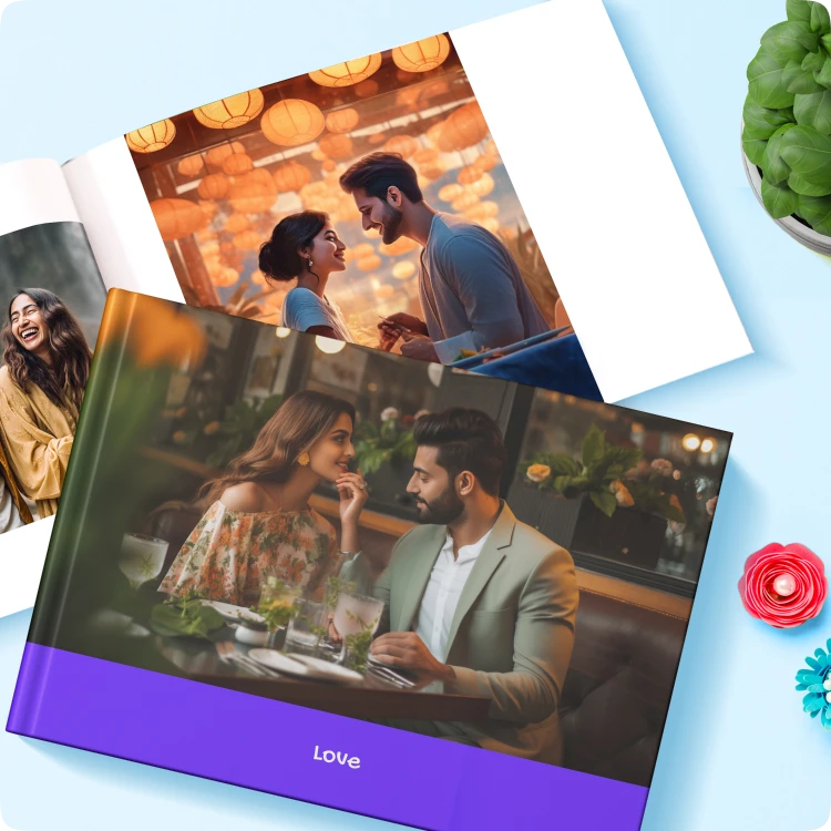 Color Kahar (colorkahar) landscape flexi photobook — purple printed cover Love theme couple dining photos personalized Pakistan