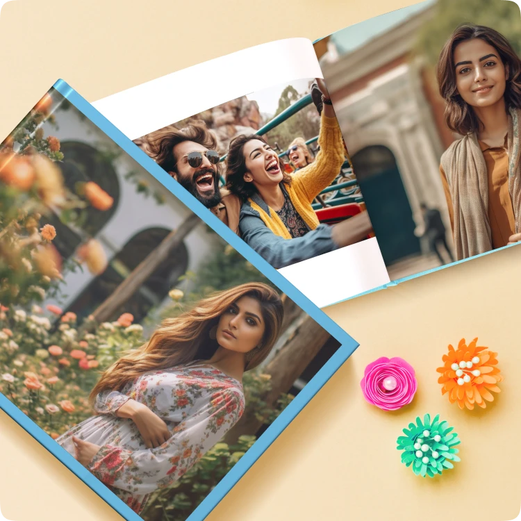 Color Kahar (colorkahar) landscape flexi photobooks — cyan blue printed covers various couple photos scattered display personalized Pakistan