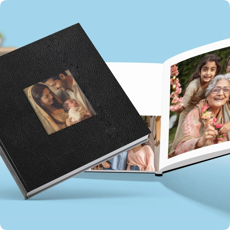 Color Kahar (colorkahar) square layflat leather cover photobook — black window cut-out couple photo grandmother granddaughter personalized Pakistan