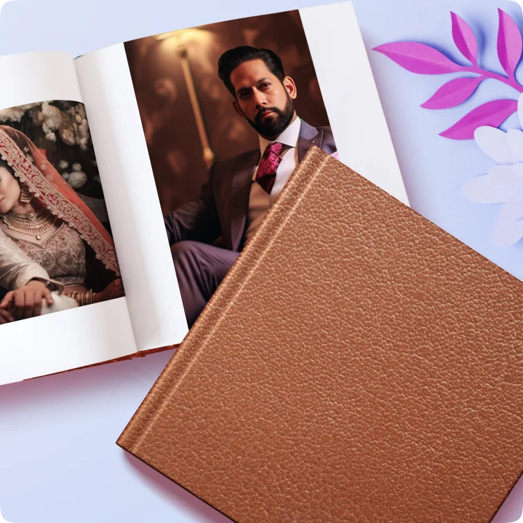Color Kahar (colorkahar) square flexi leather cover photobook — brown open formal portrait bridal wedding photos personalized Pakistan