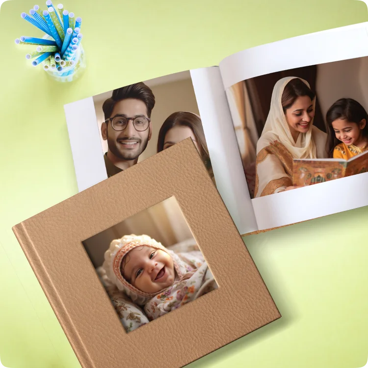 Color Kahar (colorkahar) square flexi leather cover photobook — beige window cut-out baby photo family memories personalized Pakistan