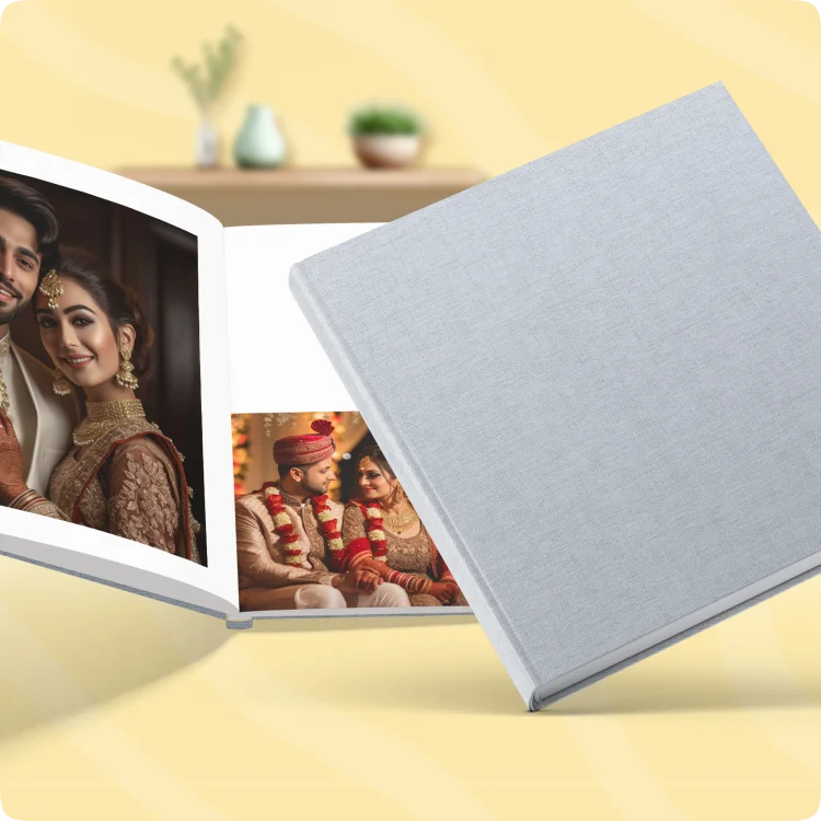 Color Kahar (colorkahar) square layflat linen cover photobook — light blue open wedding bridal groom photos personalized Pakistan
