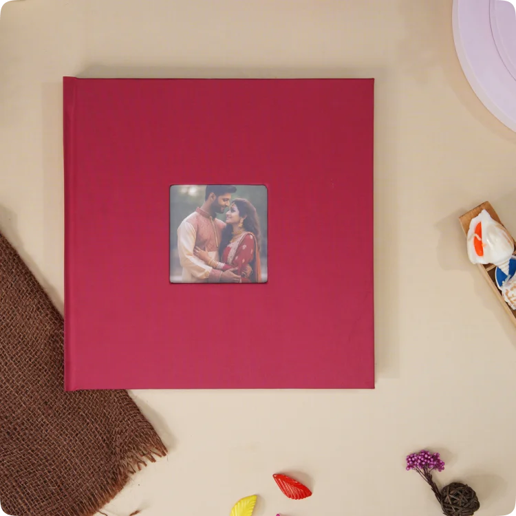 Color Kahar (colorkahar) square layflat linen cover photobook — red window cut-out couple romantic photo personalized Pakistan