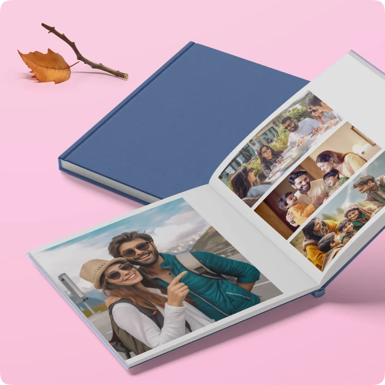 Color Kahar (colorkahar) square layflat linen cover photobook — navy blue open couple travel photos personalized Pakistan