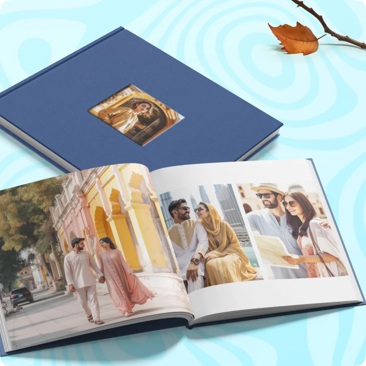 Color Kahar (colorkahar) square flexi linen cover photobook — navy window couple photo open traditional Pakistani dress personalized Pakistan
