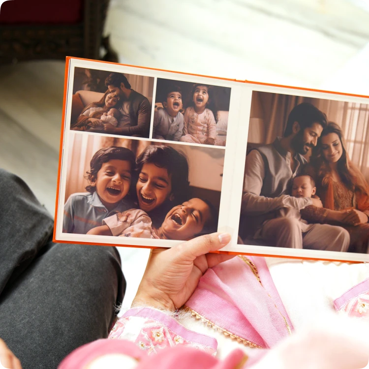 Color Kahar (colorkahar) square layflat textured cover photobook — hand holding orange trim family celebration photos personalized Pakistan