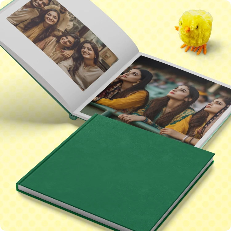 Color Kahar (colorkahar) square layflat textured cover photobook — green open friends group celebration photos personalized Pakistan