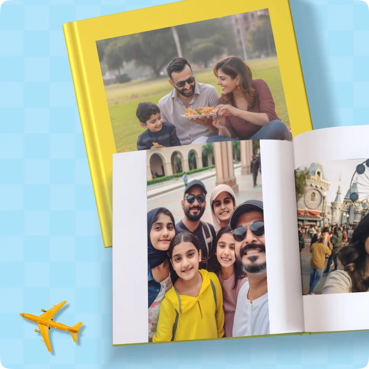 Color Kahar (colorkahar) square flexi photobook — yellow printed cover family pizza photo open display personalized Pakistan
