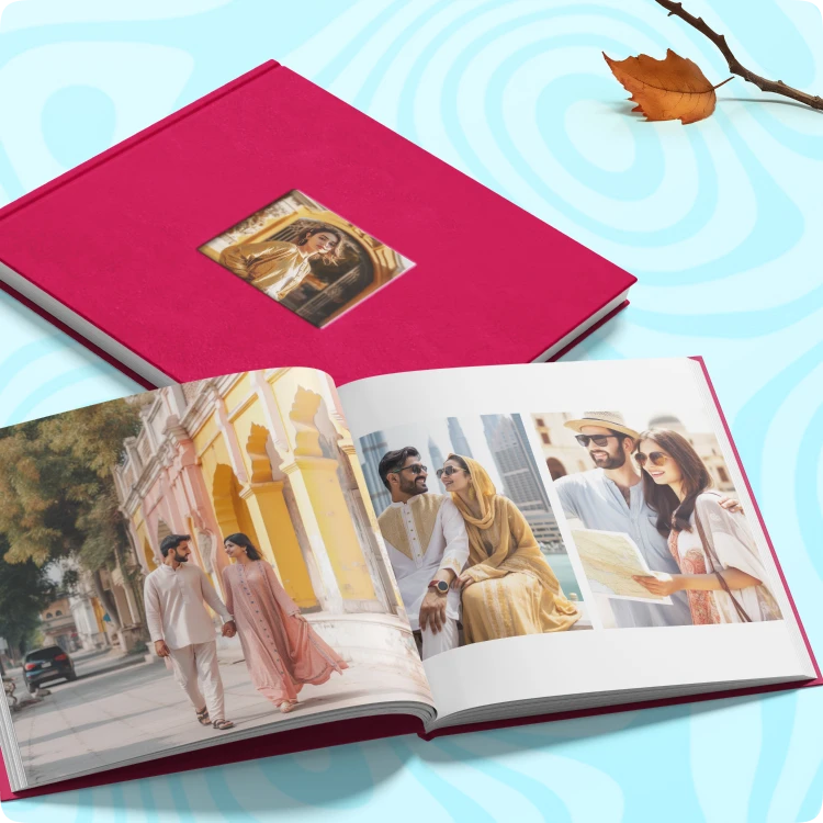 Color Kahar (colorkahar) square flexi textured cover photobook — pink window cut-out open traditional Pakistani couple photos personalized Pakistan