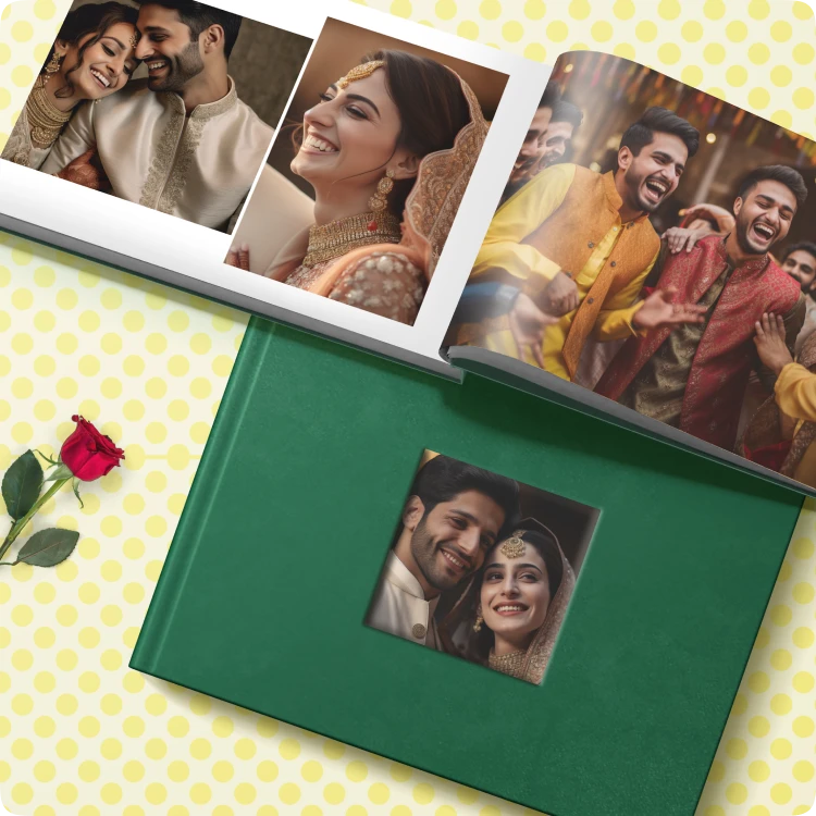 Color Kahar (colorkahar) landscape flexi textured cover photobook — green window couple photo open wedding celebration photos personalized Pakistan