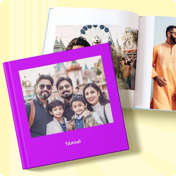Color Kahar (colorkahar) square flexi photobook — purple printed cover Travel theme family photo personalized Pakistan