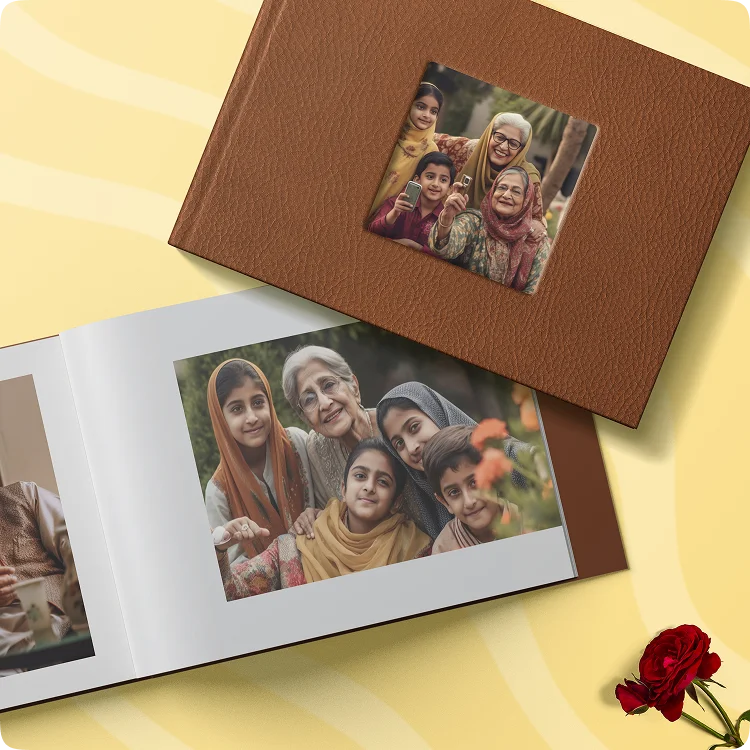 Color Kahar (colorkahar) landscape flexi leather cover photobook — brown window cut-out family photo open display personalized Pakistan
