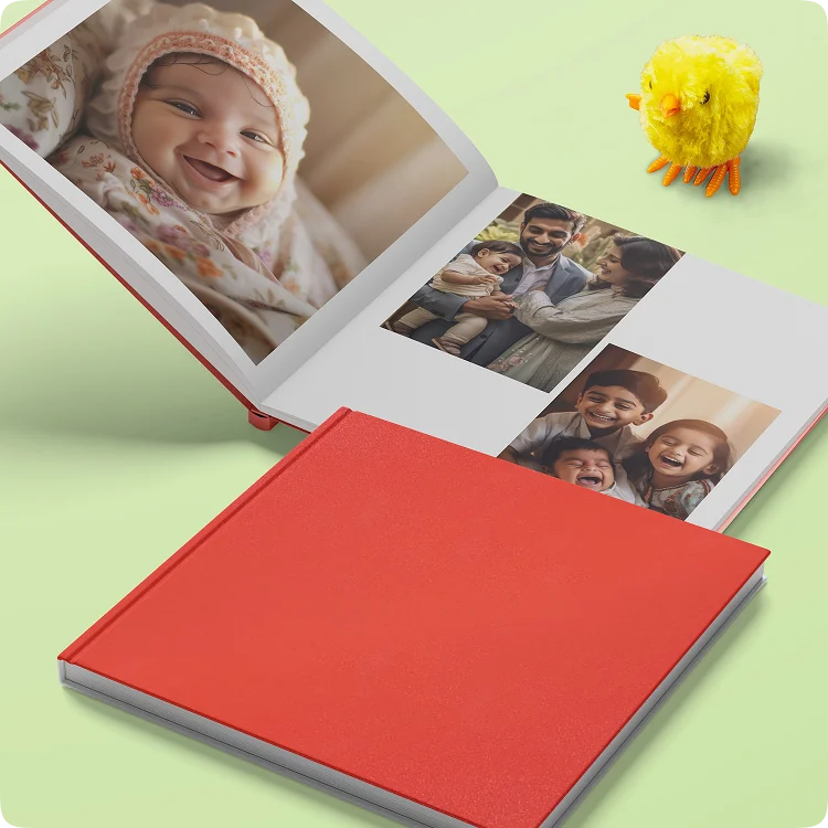Color Kahar (colorkahar) square layflat textured cover photobook — red open baby smiling family photos personalized Pakistan