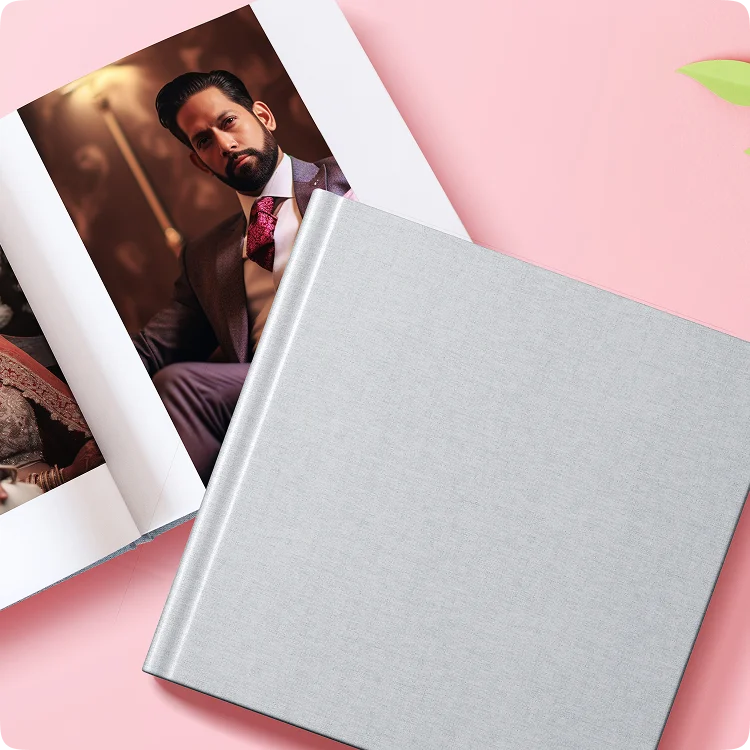 Color Kahar (colorkahar) square flexi linen cover photobook — light gray man formal suit portrait photo personalized Pakistan
