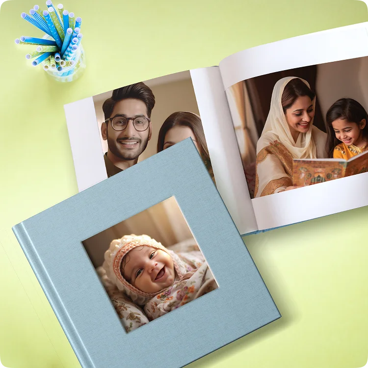 Color Kahar (colorkahar) square flexi linen cover photobook — light blue window baby photo open family memories personalized Pakistan