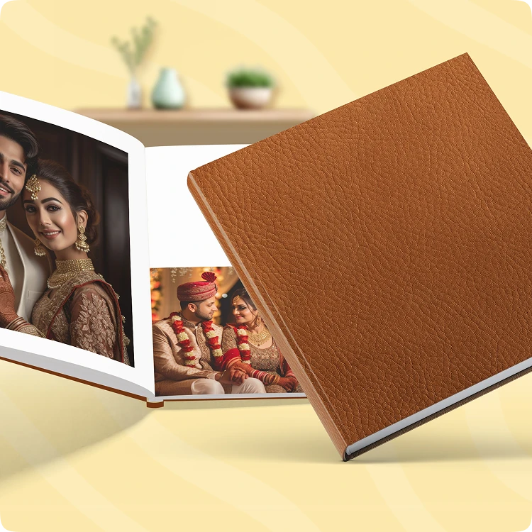 Color Kahar (colorkahar) square layflat leather cover photobook — brown cover open wedding bridal traditional couple photos personalized Pakistan