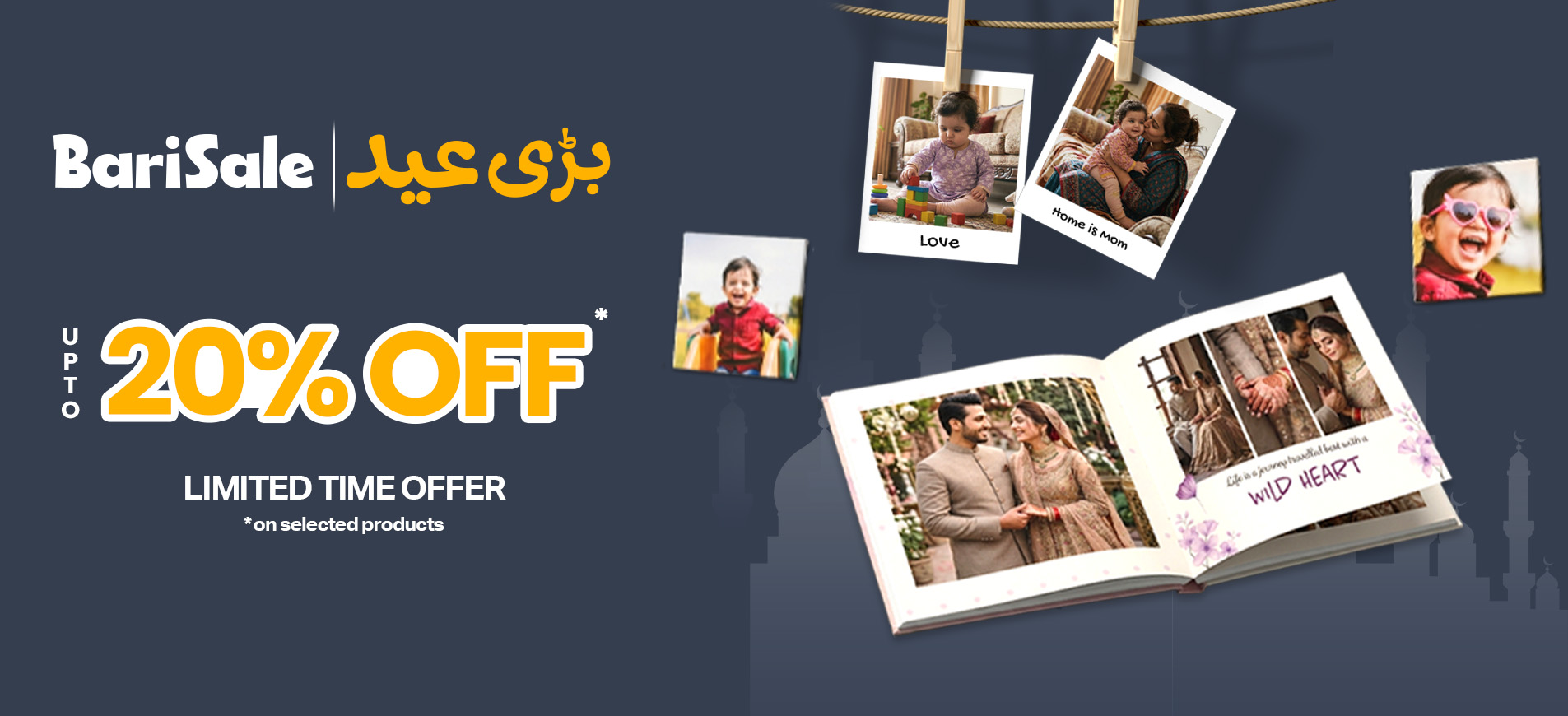 BariSale Bari Eid Sale banner featuring upto 20% off on selected products. Limited time offer. Decorative polaroid photos and an open photo book with wedding images are displayed against a dark blue background with mosque silhouettes.