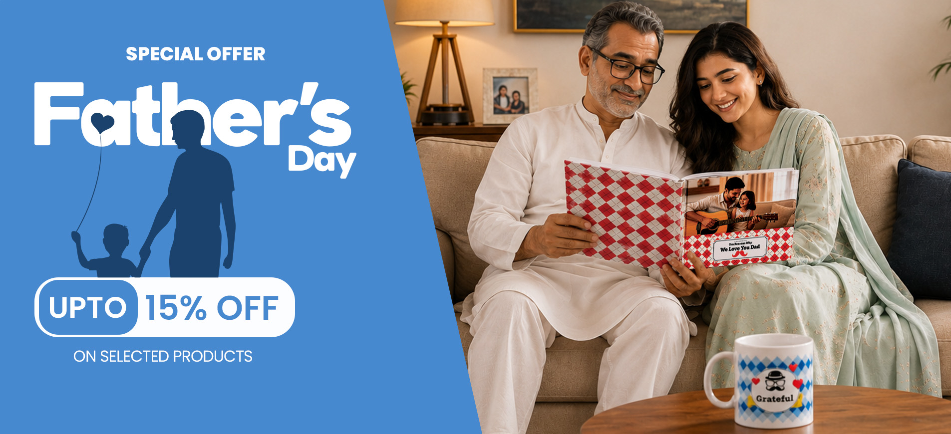 Father and daughter browsing a personalized photobook and mug on Father's Day — Color Kahar special offer up to 15% off on selected products in Pakistan